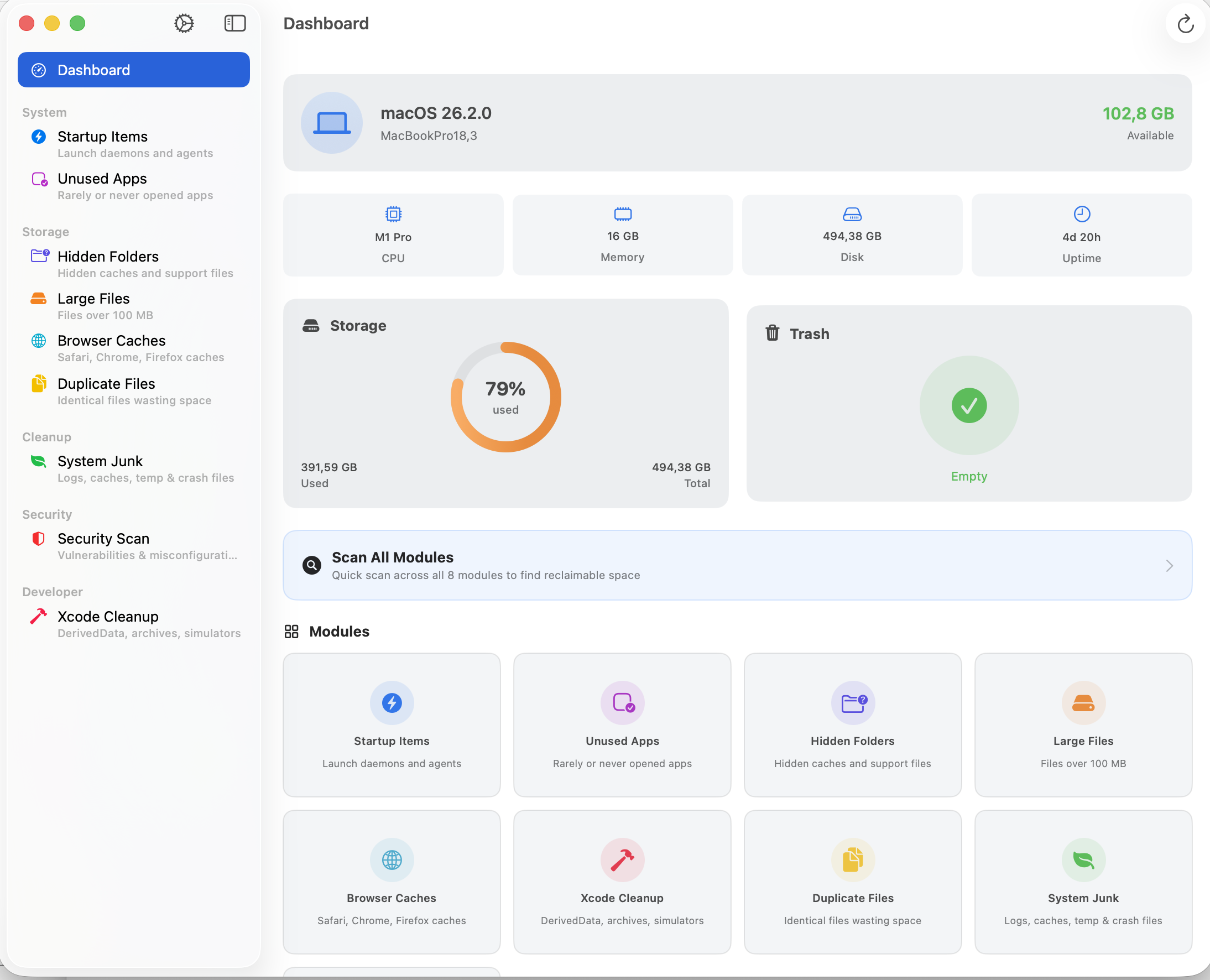 macOS system optimizer with AI-powered file classification showing safe, review, and keep recommendations