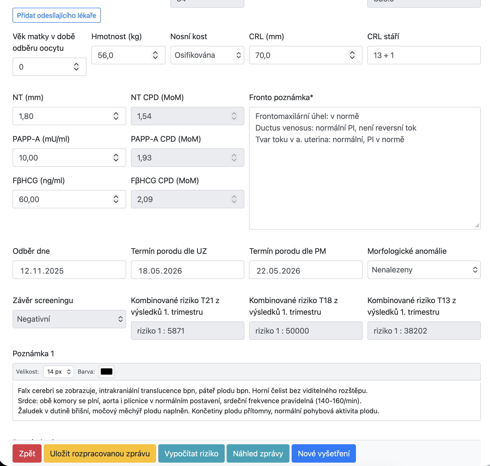 Prenatal screening form interface