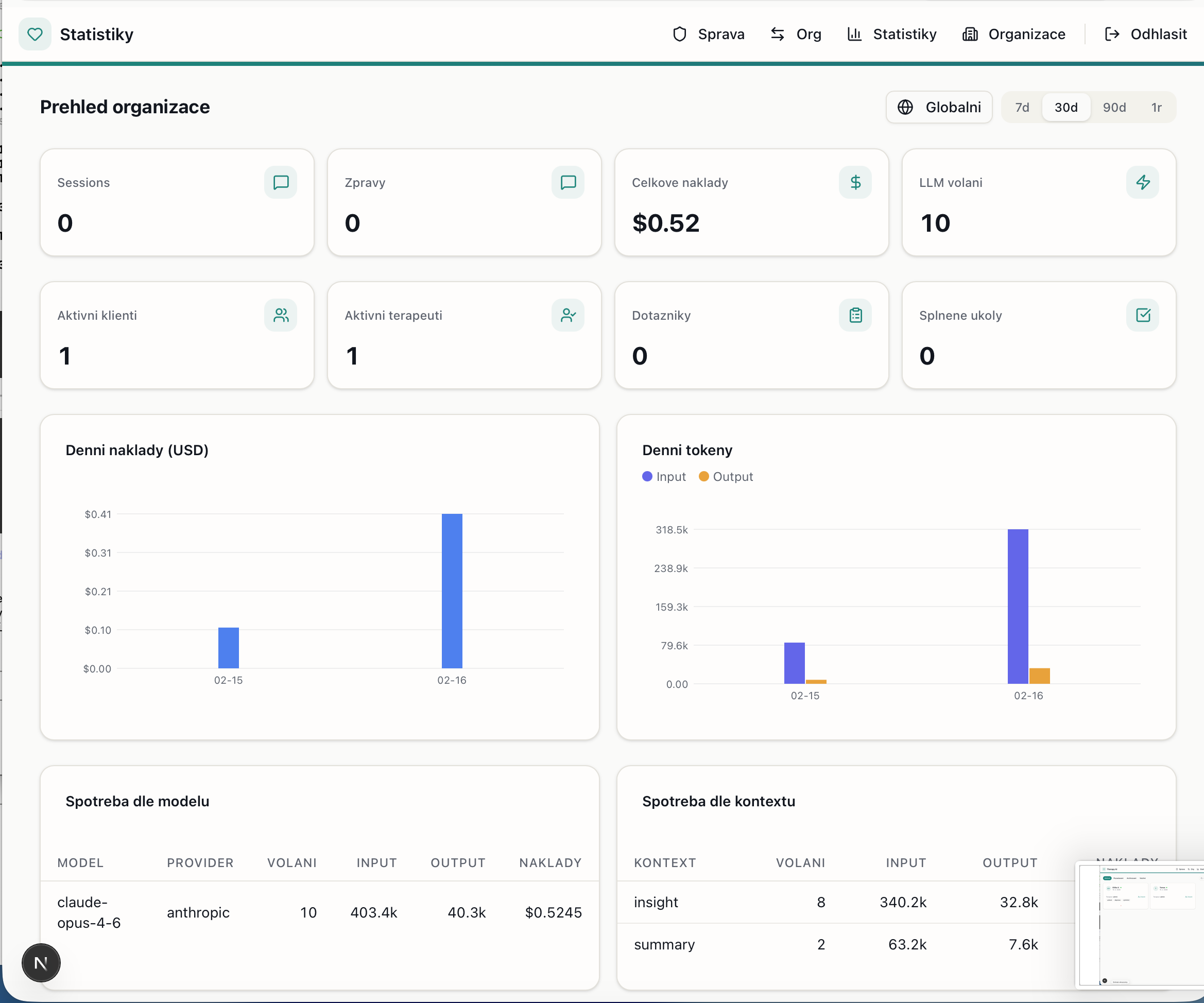 Statistiky organizace s analytikou nákladů a tokenů